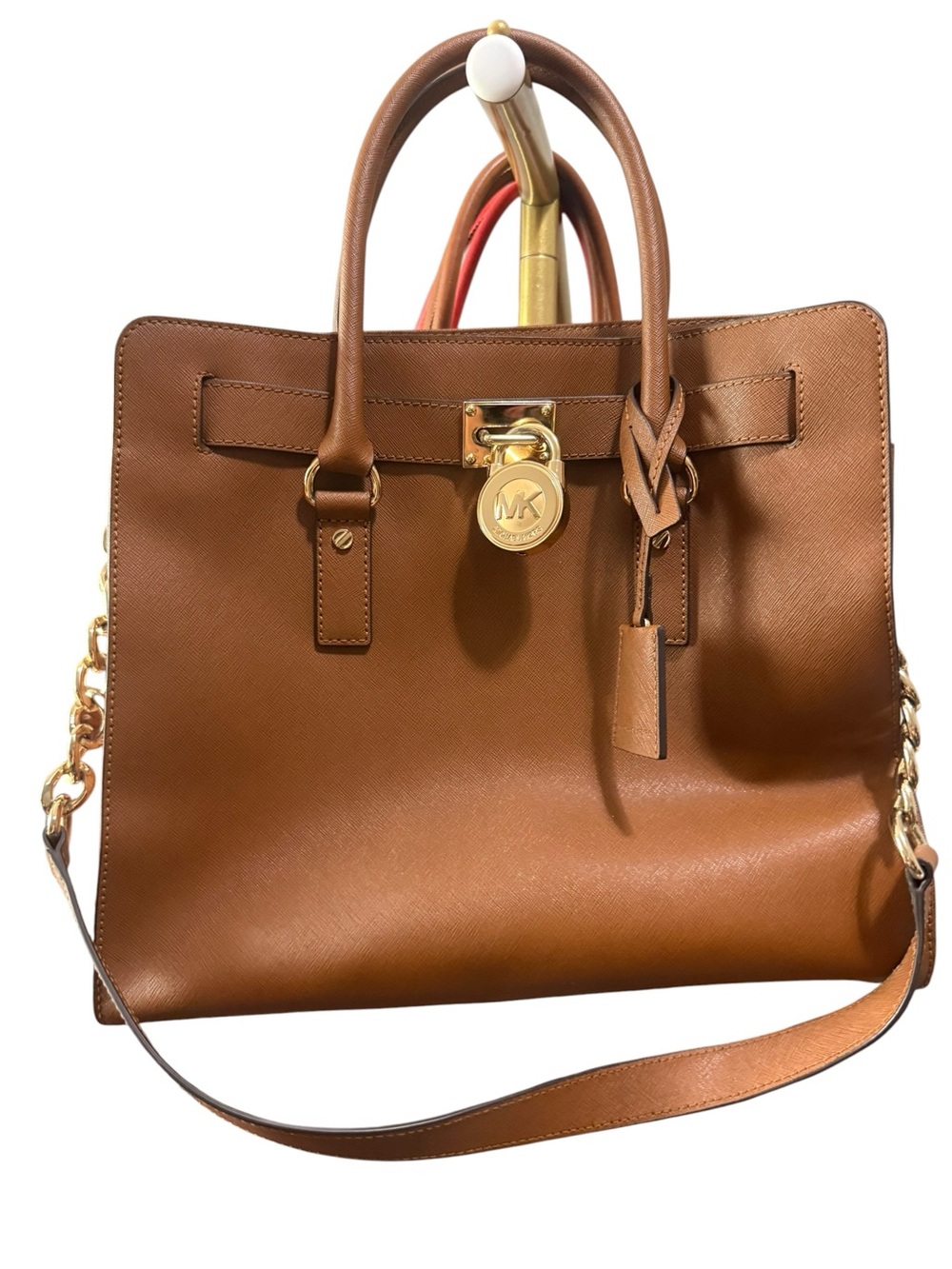 Michael Kors Cognac Hamilton Saffiano Leather Satchel with Gold-Tone Hardware